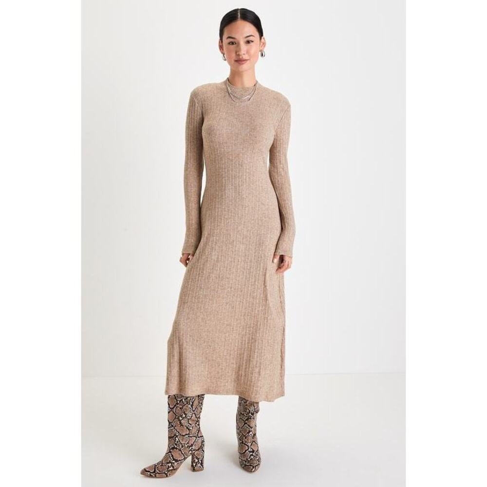 Lulus Snuggly Passion Heather Beige Ribbed Mock Neck Midi Dress - Size XL